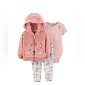 NEW Carter’s Baby Girl Pink Bear Fleece Hoodie 3 piece Set Outfit 24 months